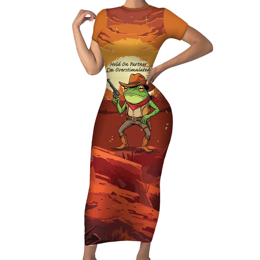 Cowboy Frog Outlaw Short Sleeve Bodycon Dress with Desert Sunset Silhouette Pattern