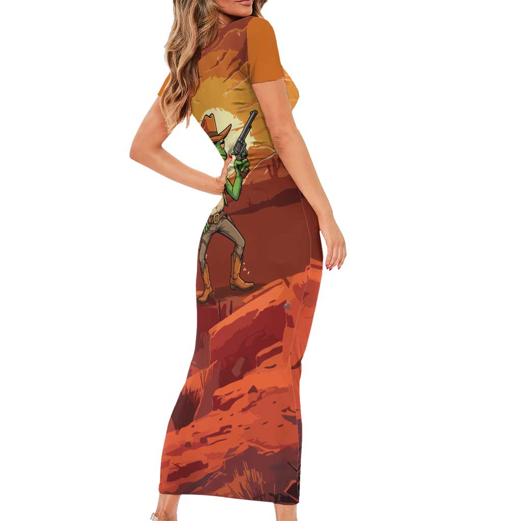 Cowboy Frog Outlaw Short Sleeve Bodycon Dress with Desert Sunset Silhouette Pattern