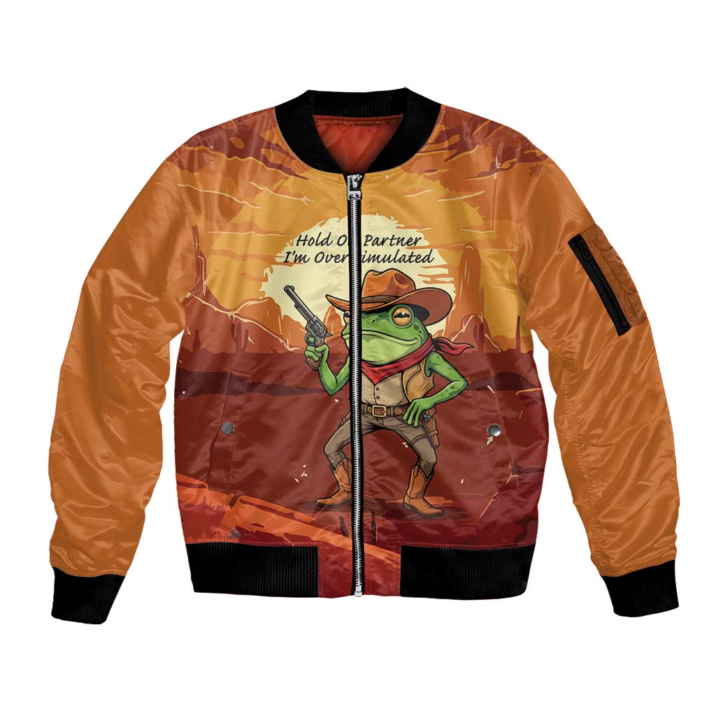 Cowboy Frog Outlaw Sleeve Zip Bomber Jacket with Desert Sunset Silhouette Pattern