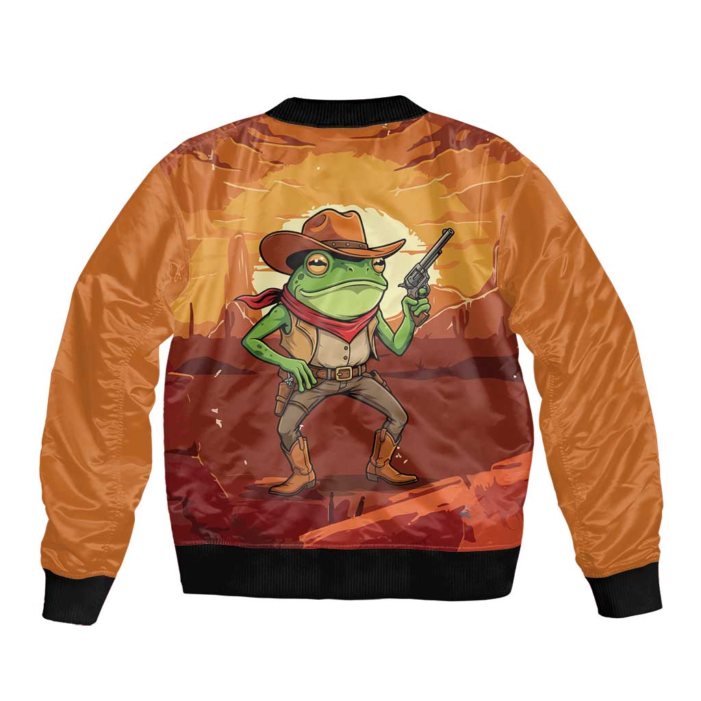 Cowboy Frog Outlaw Sleeve Zip Bomber Jacket with Desert Sunset Silhouette Pattern
