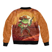 Cowboy Frog Outlaw Sleeve Zip Bomber Jacket with Desert Sunset Silhouette Pattern