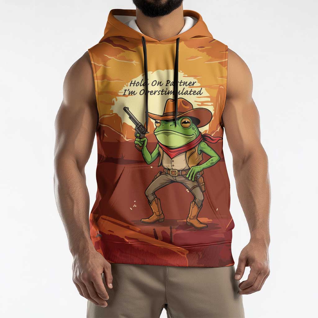 Cowboy Frog Outlaw Sleeveless Hoodie with Desert Sunset Silhouette Pattern
