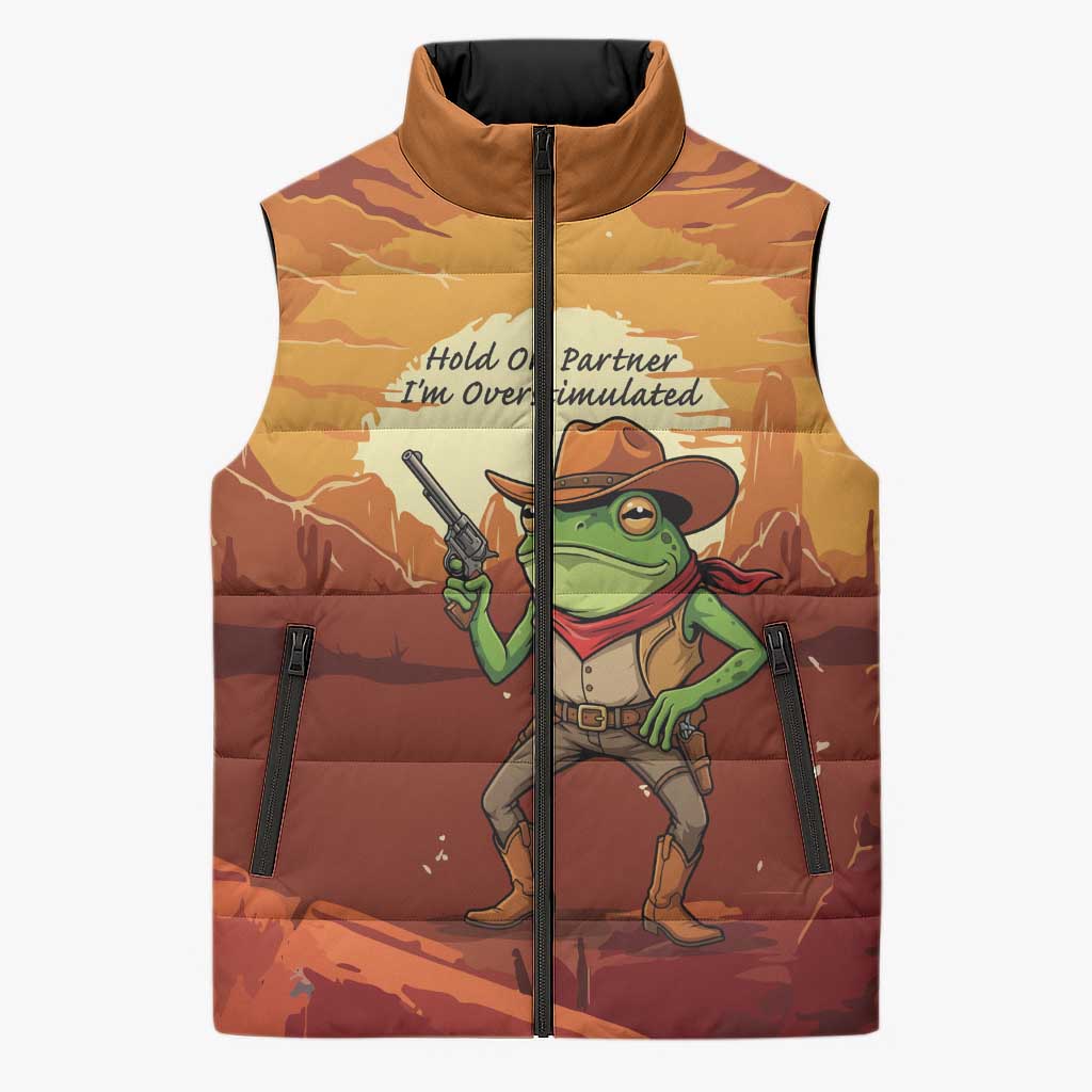 Cowboy Frog Outlaw Sleeveless Puffer Jacket with Desert Sunset Silhouette Pattern