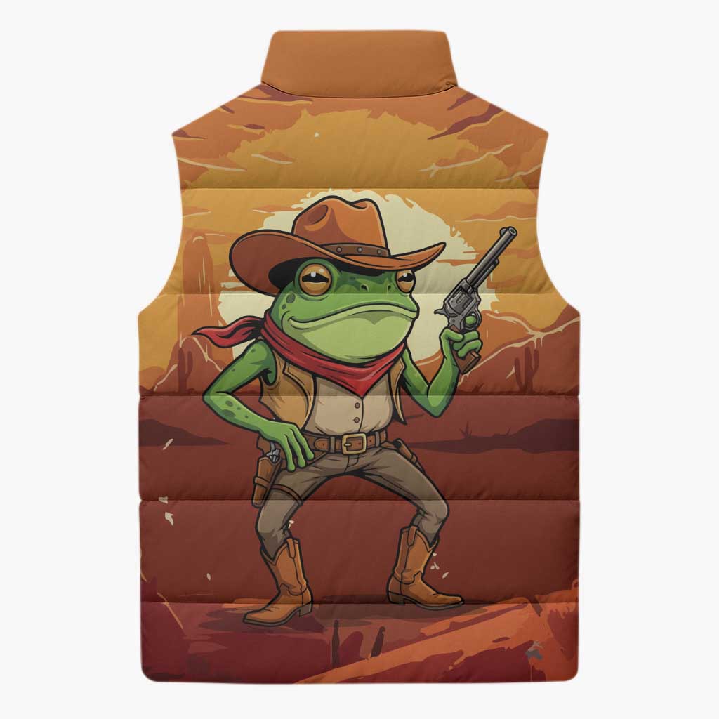 Cowboy Frog Outlaw Sleeveless Puffer Jacket with Desert Sunset Silhouette Pattern