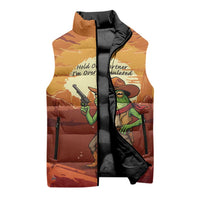 Cowboy Frog Outlaw Sleeveless Puffer Jacket with Desert Sunset Silhouette Pattern