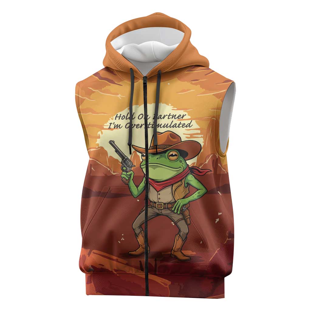 Cowboy Frog Outlaw Sleeveless Zip Hoodie with Desert Sunset Silhouette Pattern