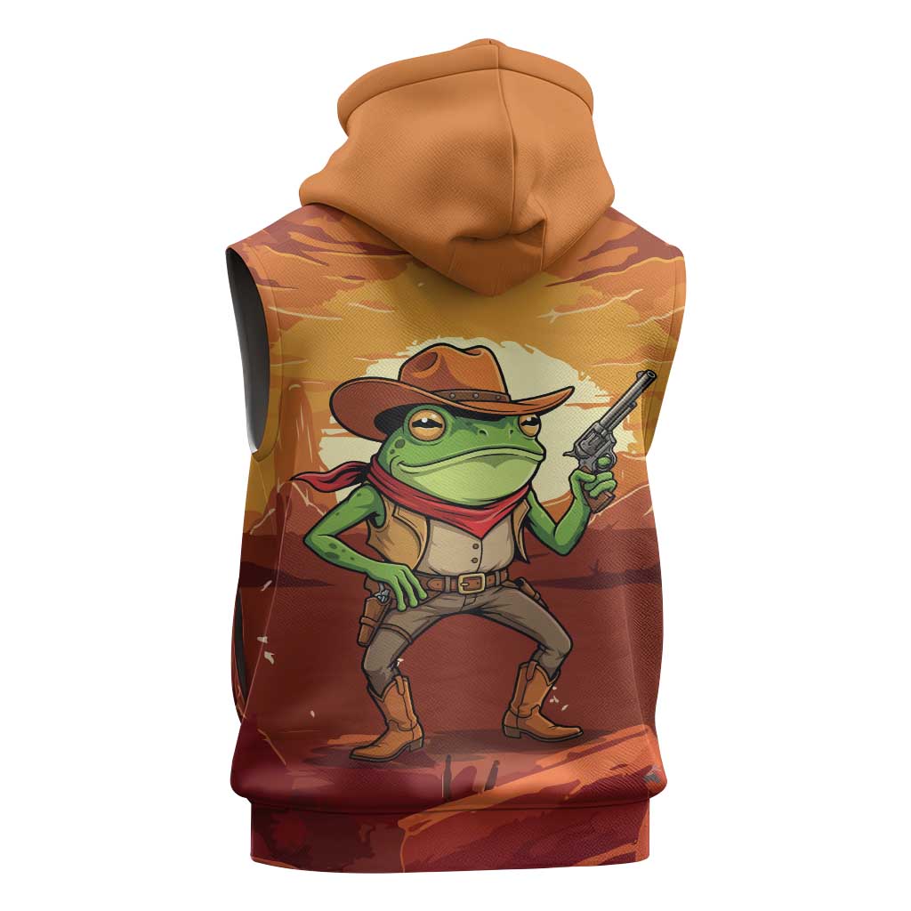 Cowboy Frog Outlaw Sleeveless Zip Hoodie with Desert Sunset Silhouette Pattern
