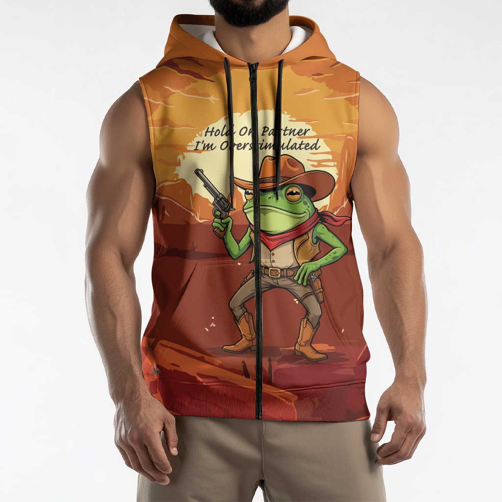 Cowboy Frog Outlaw Sleeveless Zip Hoodie with Desert Sunset Silhouette Pattern