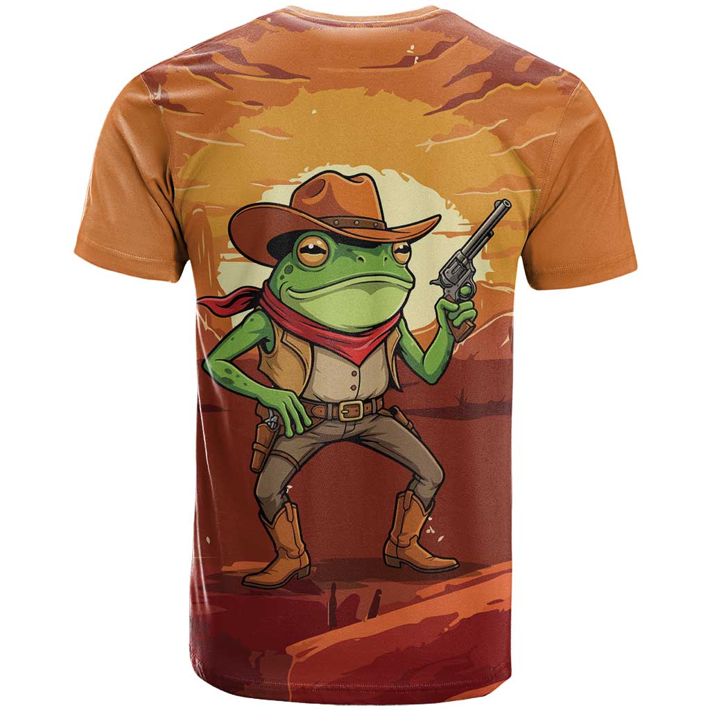 Cowboy Frog Outlaw T Shirt with Desert Sunset Silhouette Pattern
