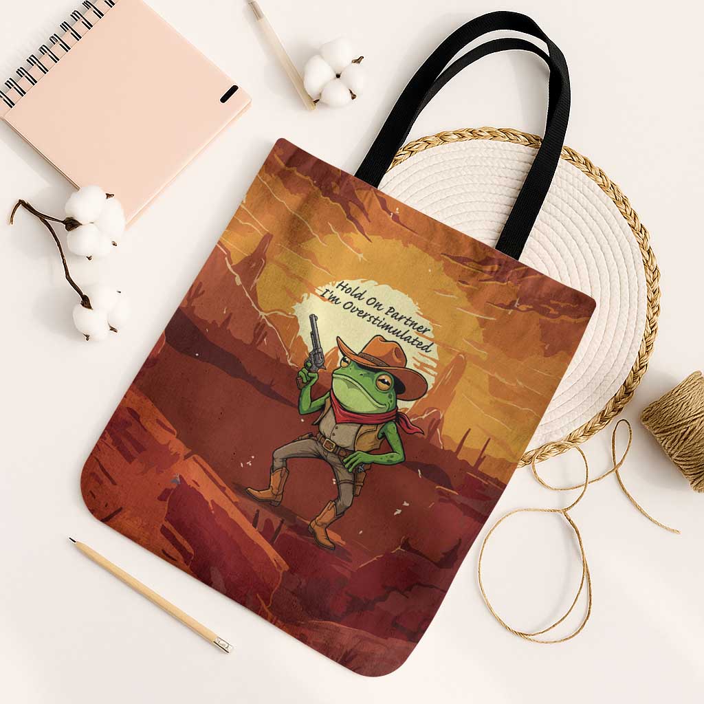 Cowboy Frog Outlaw Tote Bag with Desert Sunset Silhouette Pattern