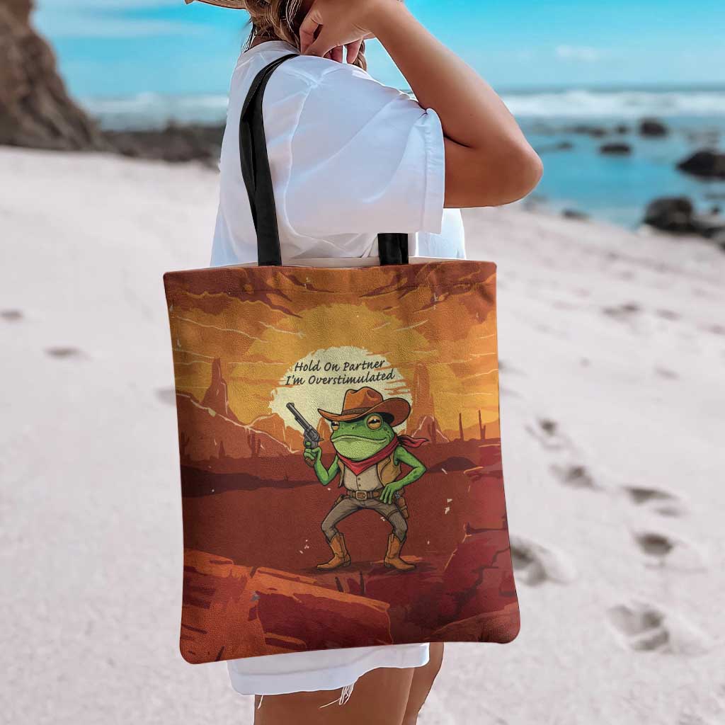 Cowboy Frog Outlaw Tote Bag with Desert Sunset Silhouette Pattern