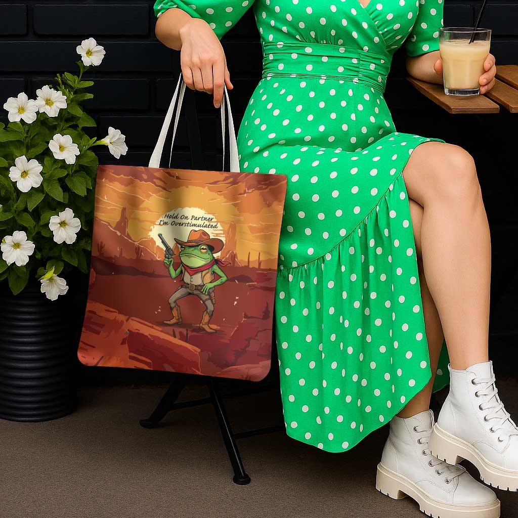 Cowboy Frog Outlaw Tote Bag with Desert Sunset Silhouette Pattern