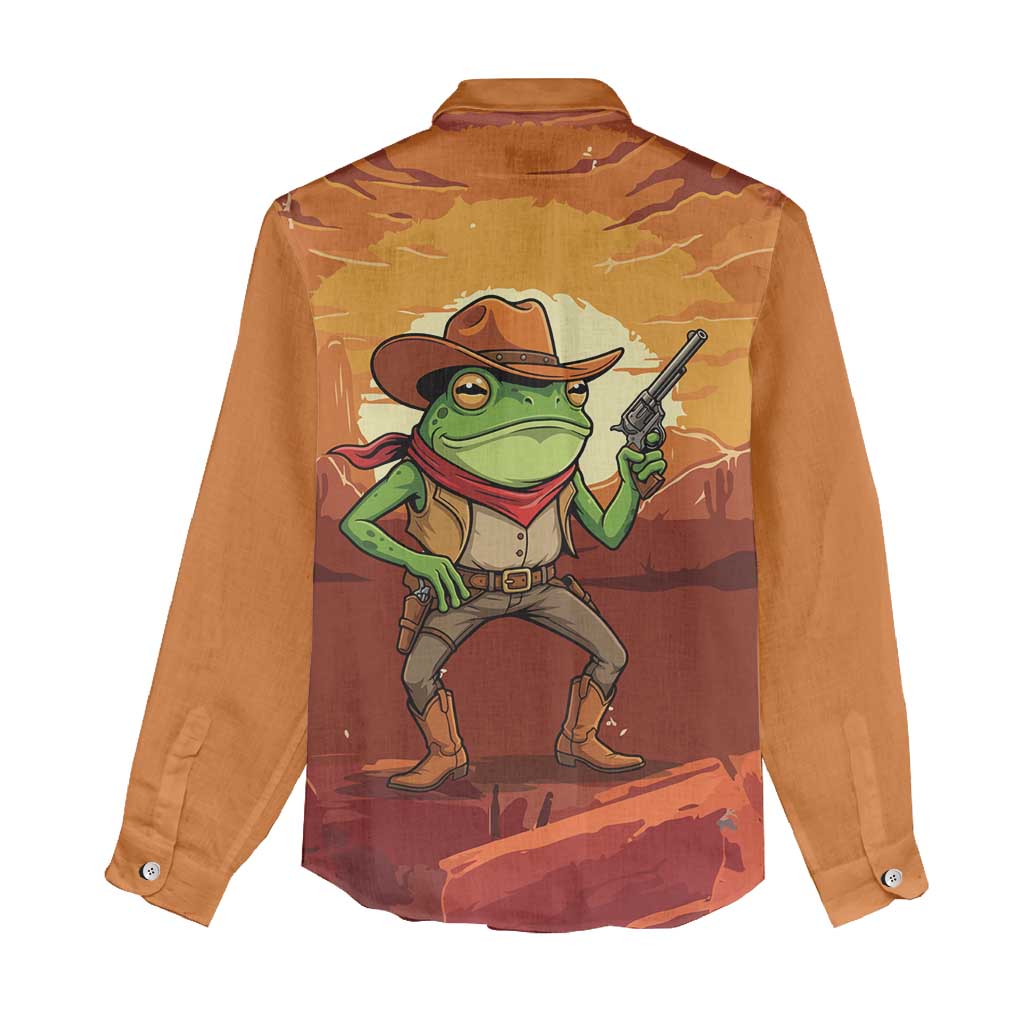 Cowboy Frog Outlaw Women Casual Shirt with Desert Sunset Silhouette Pattern