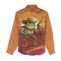 Cowboy Frog Outlaw Women Casual Shirt with Desert Sunset Silhouette Pattern