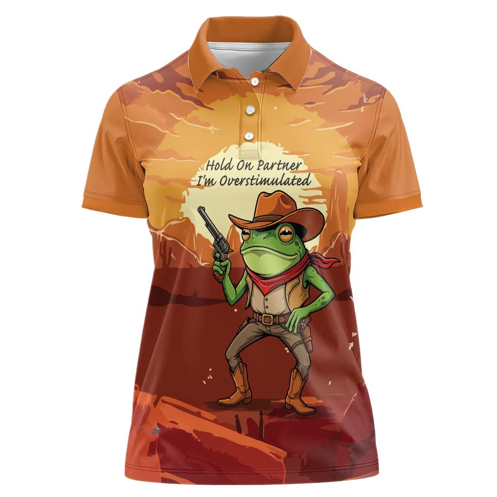 Cowboy Frog Outlaw Women Polo Shirt with Desert Sunset Silhouette Pattern