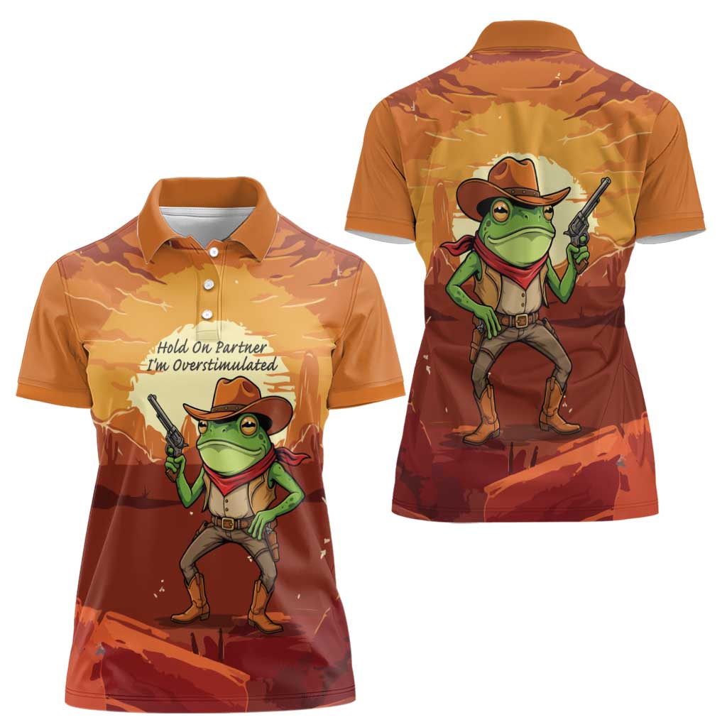 Cowboy Frog Outlaw Women Polo Shirt with Desert Sunset Silhouette Pattern