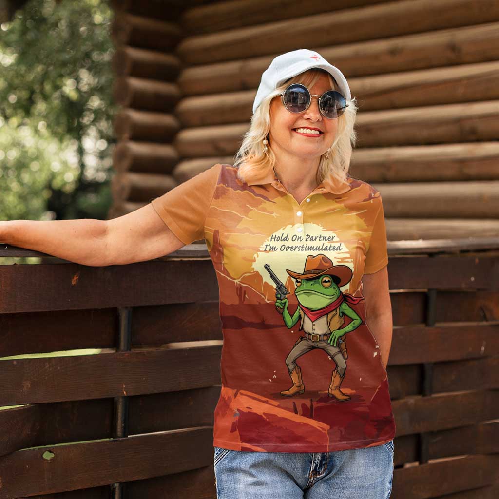 Cowboy Frog Outlaw Women Polo Shirt with Desert Sunset Silhouette Pattern