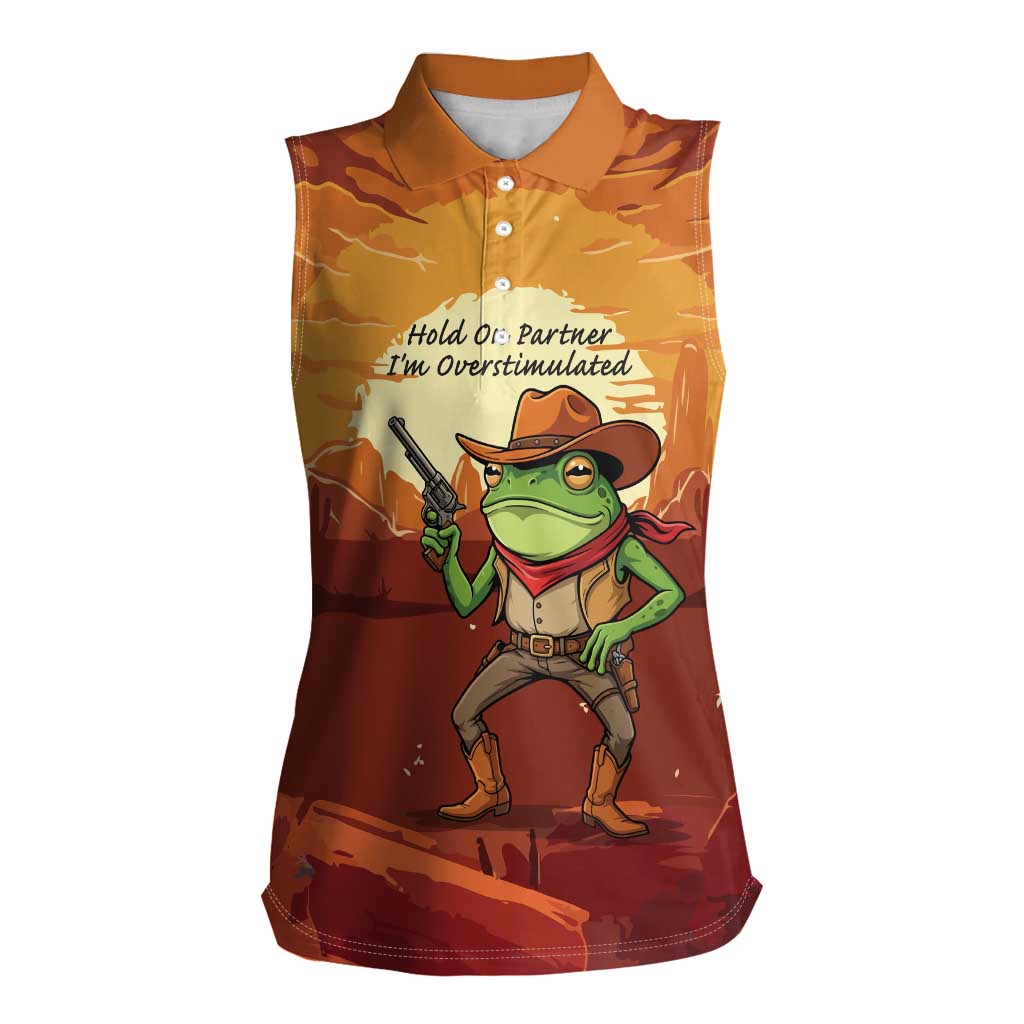Cowboy Frog Outlaw Women Sleeveless Polo Shirt with Desert Sunset Silhouette Pattern