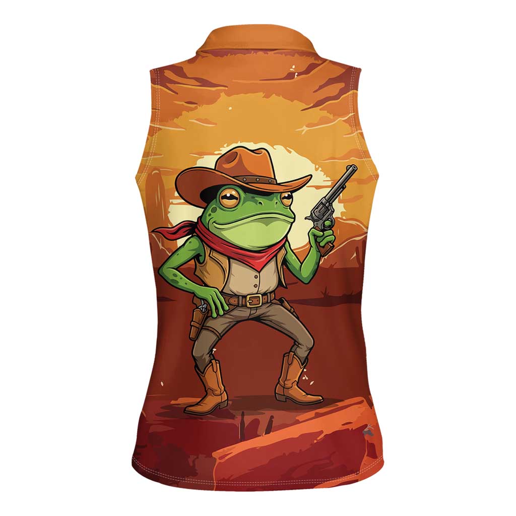 Cowboy Frog Outlaw Women Sleeveless Polo Shirt with Desert Sunset Silhouette Pattern