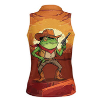 Cowboy Frog Outlaw Women Sleeveless Polo Shirt with Desert Sunset Silhouette Pattern