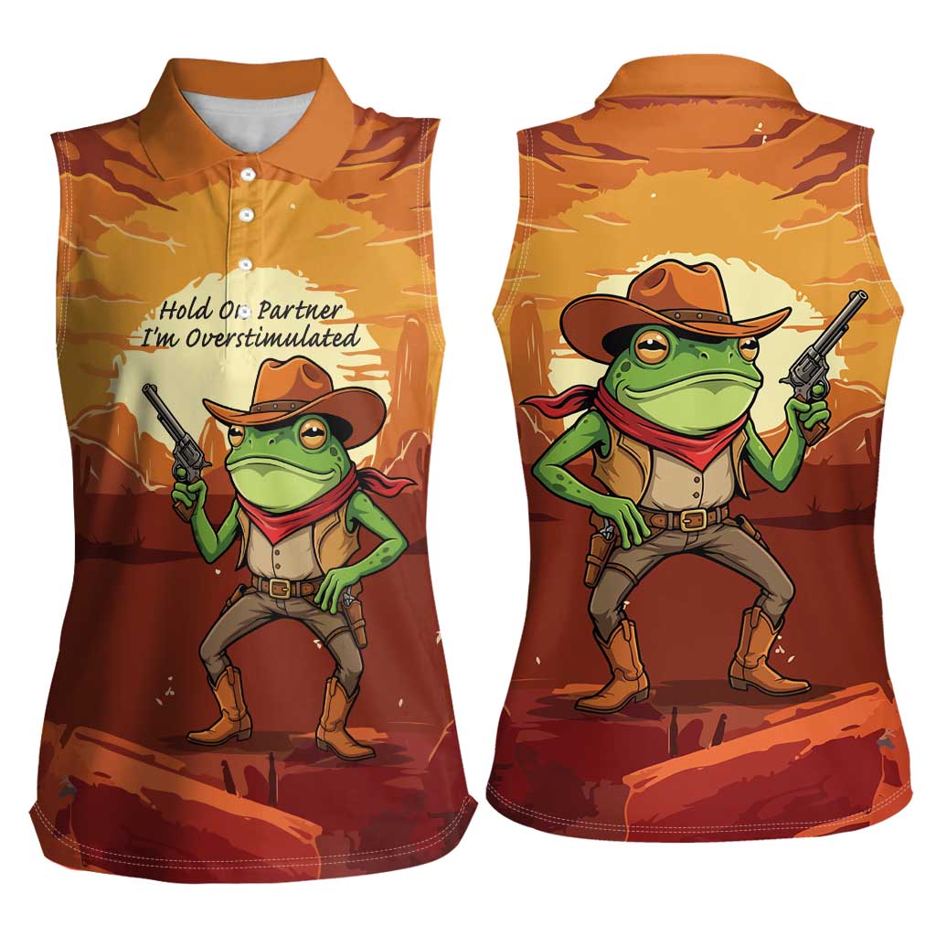 Cowboy Frog Outlaw Women Sleeveless Polo Shirt with Desert Sunset Silhouette Pattern