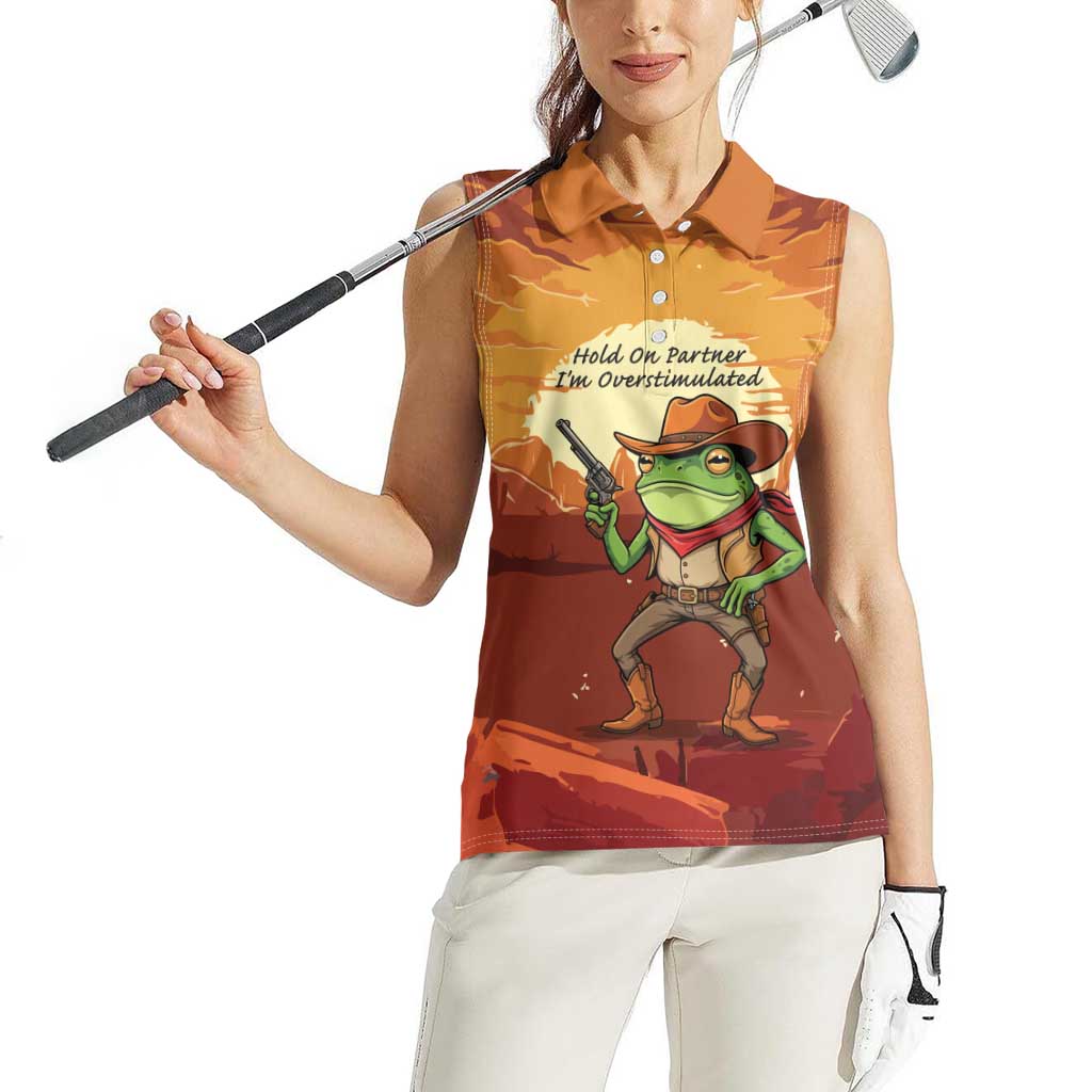 Cowboy Frog Outlaw Women Sleeveless Polo Shirt with Desert Sunset Silhouette Pattern