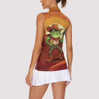 Cowboy Frog Outlaw Women Sleeveless Polo Shirt with Desert Sunset Silhouette Pattern