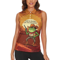 Cowboy Frog Outlaw Women Sleeveless Polo Shirt with Desert Sunset Silhouette Pattern