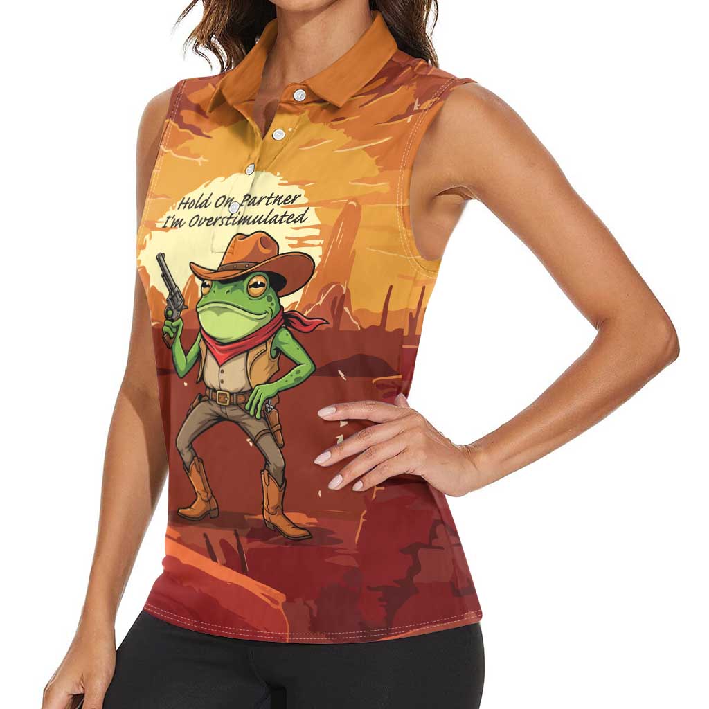 Cowboy Frog Outlaw Women Sleeveless Polo Shirt with Desert Sunset Silhouette Pattern