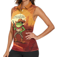 Cowboy Frog Outlaw Women Sleeveless Polo Shirt with Desert Sunset Silhouette Pattern