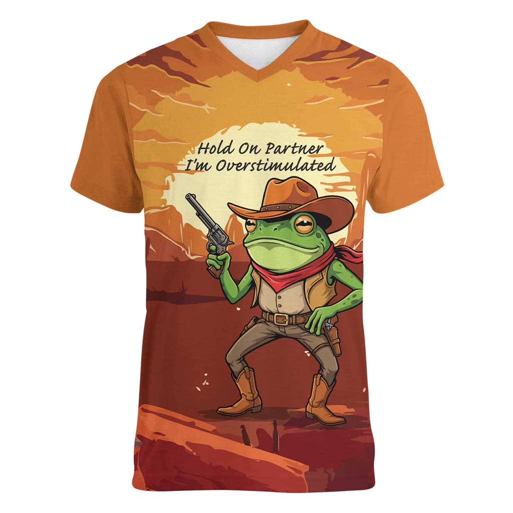 Cowboy Frog Outlaw Women V-Neck T-Shirt with Desert Sunset Silhouette Pattern