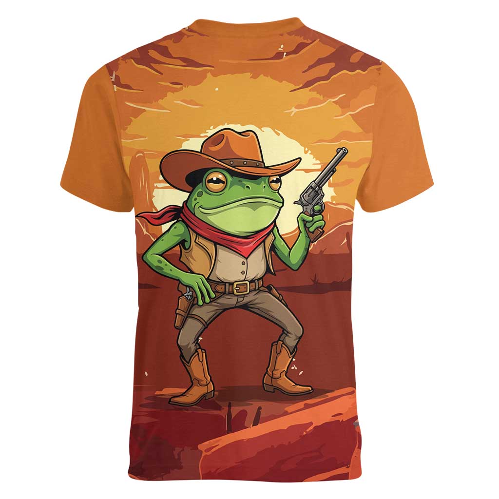 Cowboy Frog Outlaw Women V-Neck T-Shirt with Desert Sunset Silhouette Pattern