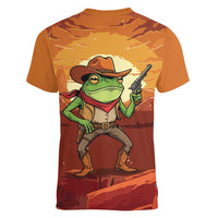 Cowboy Frog Outlaw Women V-Neck T-Shirt with Desert Sunset Silhouette Pattern