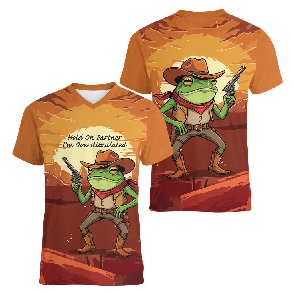 Cowboy Frog Outlaw Women V-Neck T-Shirt with Desert Sunset Silhouette Pattern