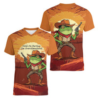 Cowboy Frog Outlaw Women V-Neck T-Shirt with Desert Sunset Silhouette Pattern