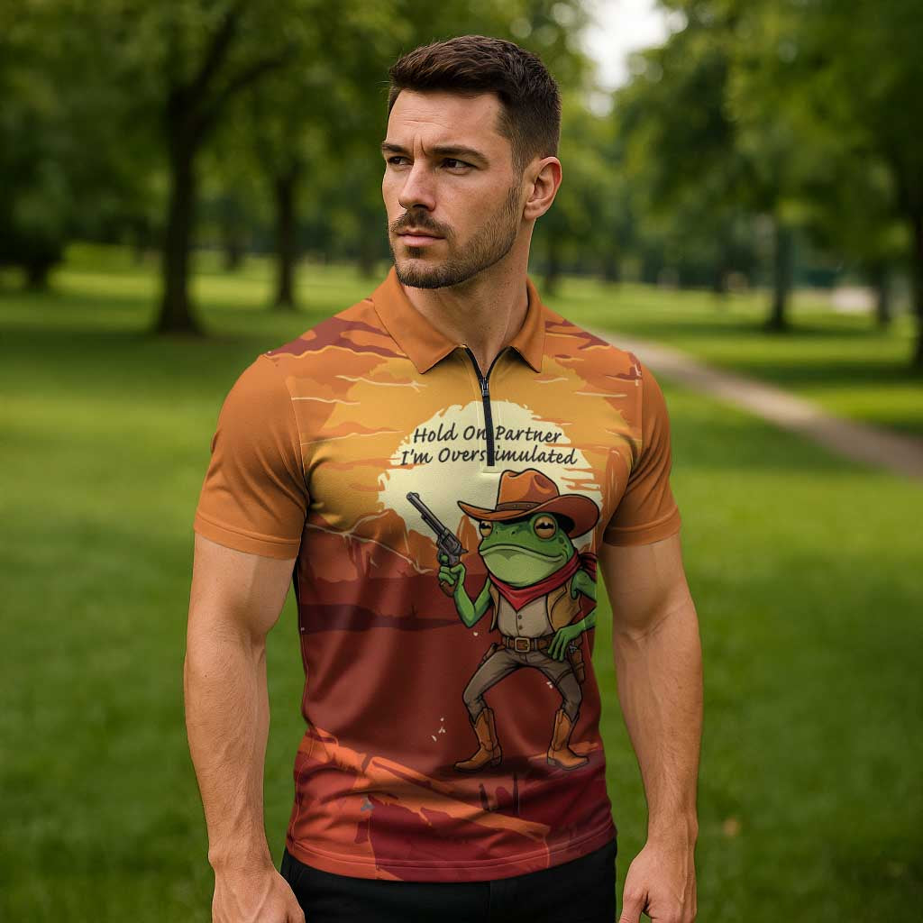 Cowboy Frog Outlaw Zipper Polo Shirt with Desert Sunset Silhouette Pattern