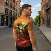 Cowboy Frog Outlaw Zipper Polo Shirt with Desert Sunset Silhouette Pattern