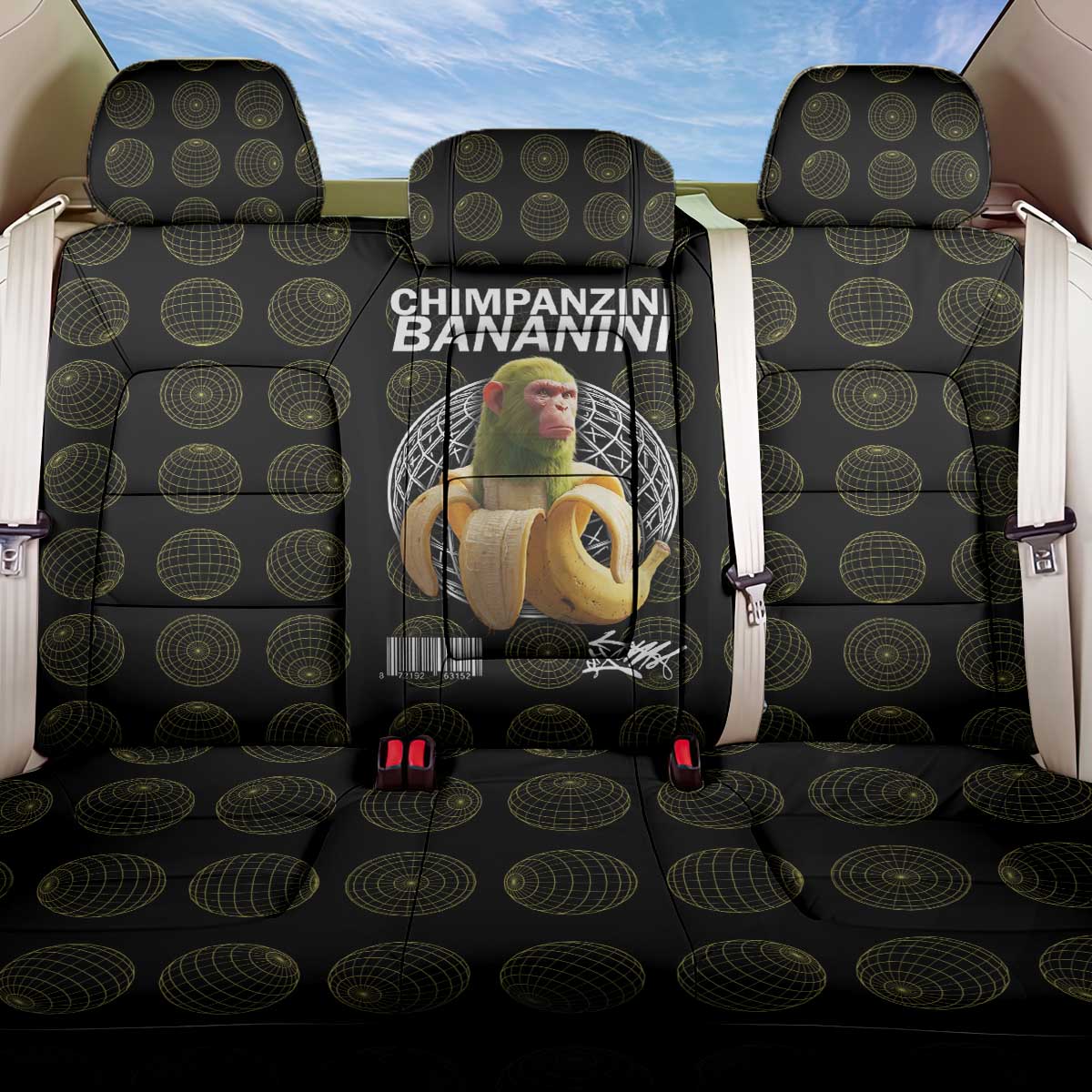 Chimpanzi Bananini Primate Back Car Seat Cover with 3D Wireframe Globe Pattern