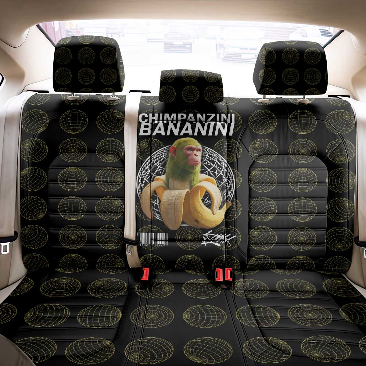 Chimpanzi Bananini Primate Back Car Seat Cover with 3D Wireframe Globe Pattern