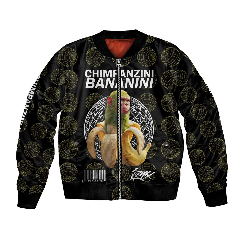Chimpanzi Bananini Primate Bomber Jacket with 3D Wireframe Globe Pattern