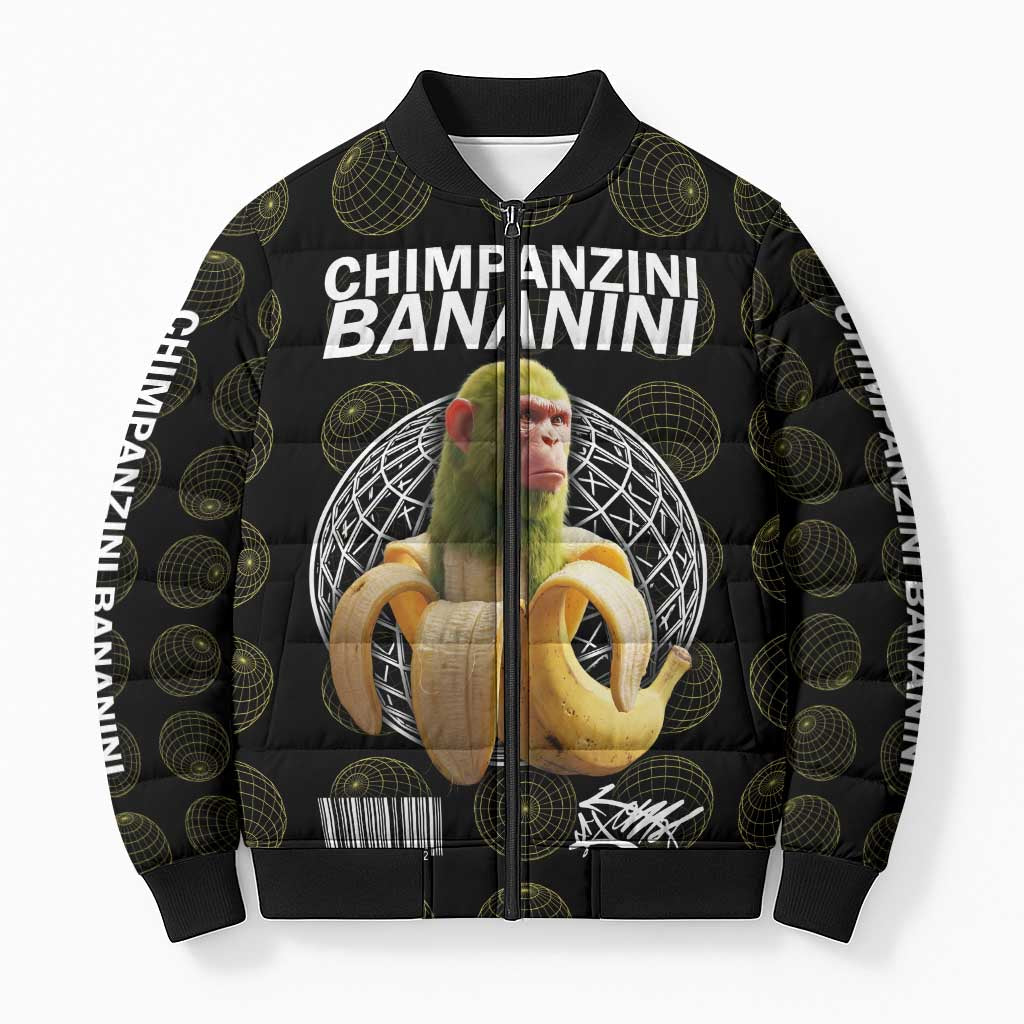 Chimpanzi Bananini Primate Bomber Puffer Jacket with 3D Wireframe Globe Pattern