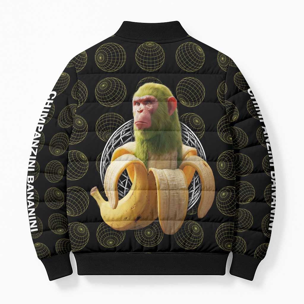 Chimpanzi Bananini Primate Bomber Puffer Jacket with 3D Wireframe Globe Pattern