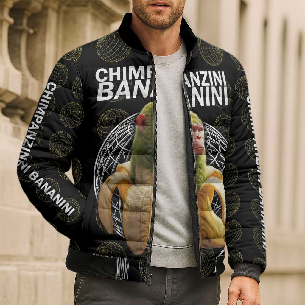 Chimpanzi Bananini Primate Bomber Puffer Jacket with 3D Wireframe Globe Pattern