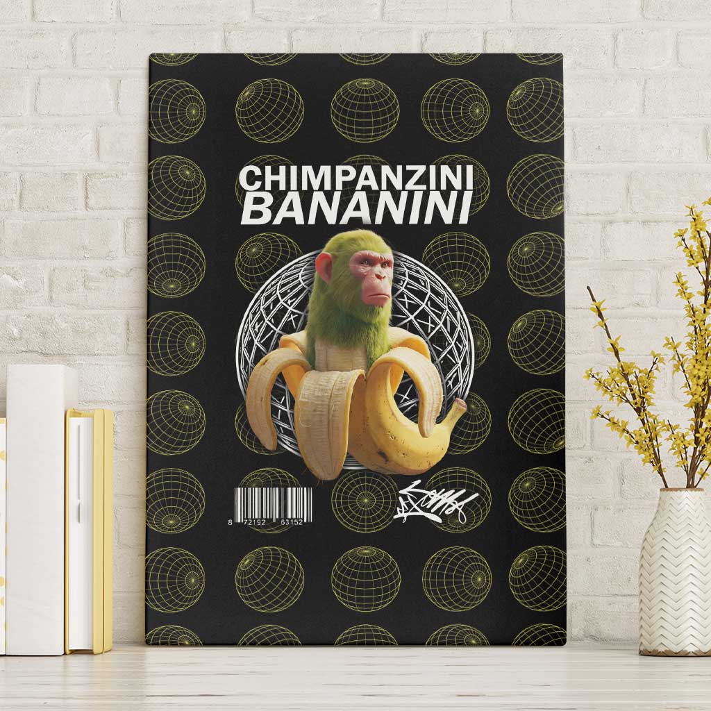Chimpanzi Bananini Primate Canvas Wall Art with 3D Wireframe Globe Pattern