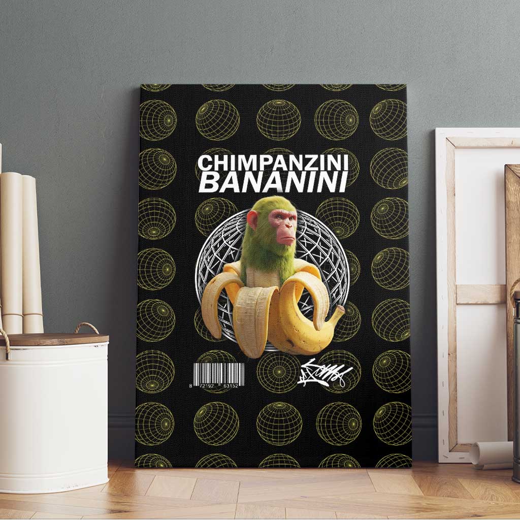Chimpanzi Bananini Primate Canvas Wall Art with 3D Wireframe Globe Pattern