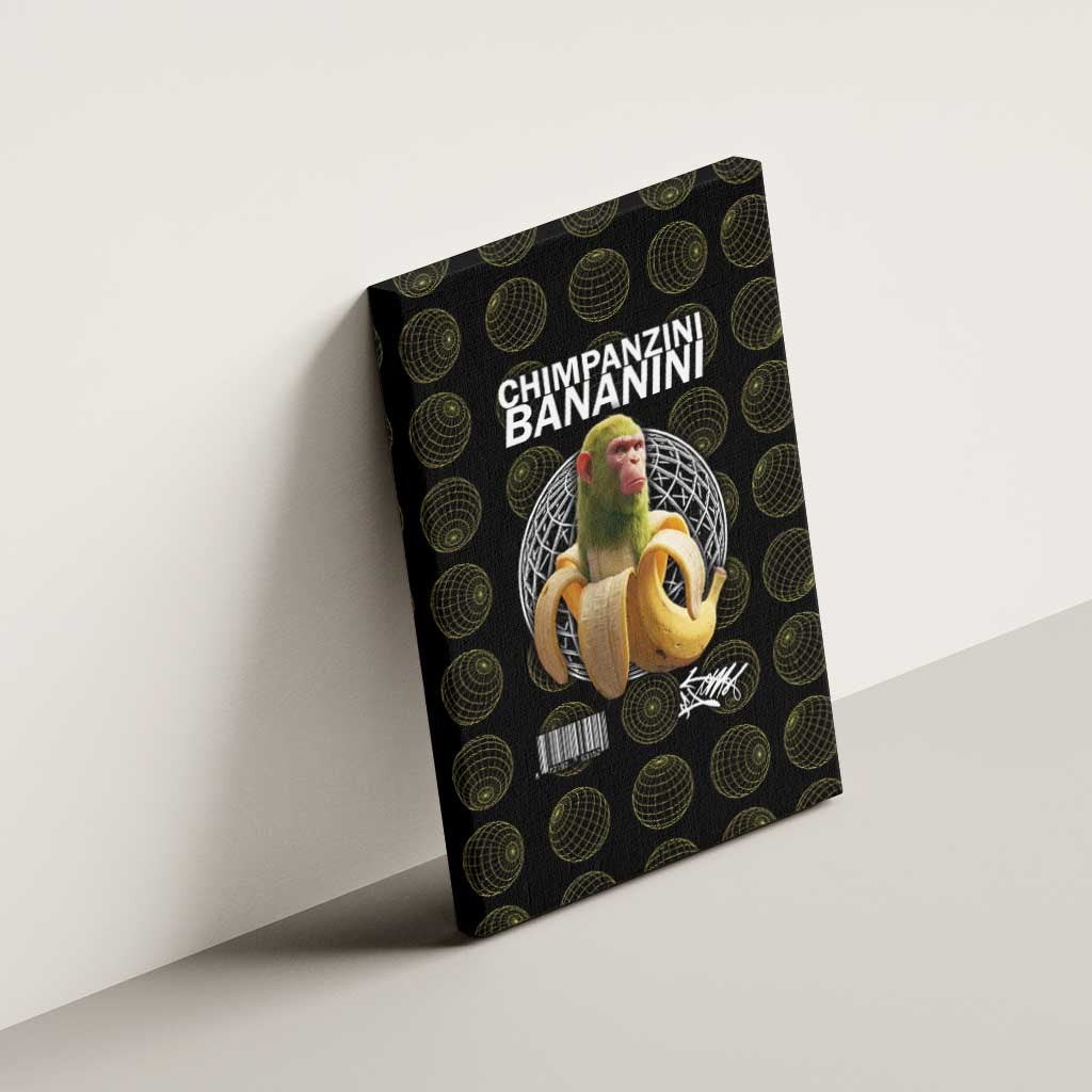 Chimpanzi Bananini Primate Canvas Wall Art with 3D Wireframe Globe Pattern