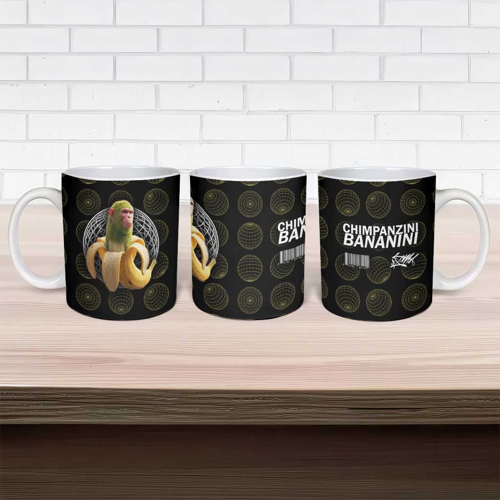Chimpanzi Bananini Primate Ceramic Mug with 3D Wireframe Globe Pattern