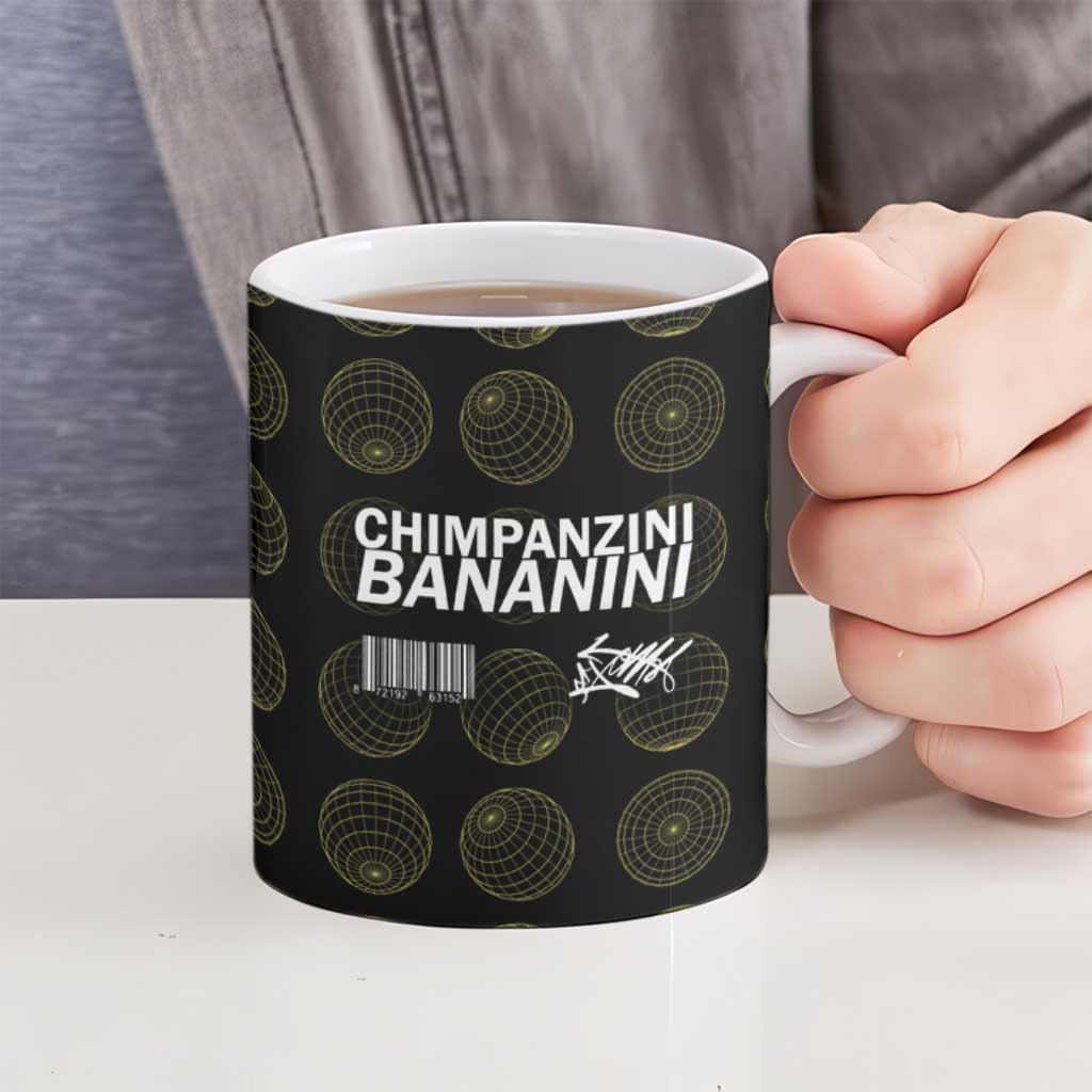 Chimpanzi Bananini Primate Ceramic Mug with 3D Wireframe Globe Pattern