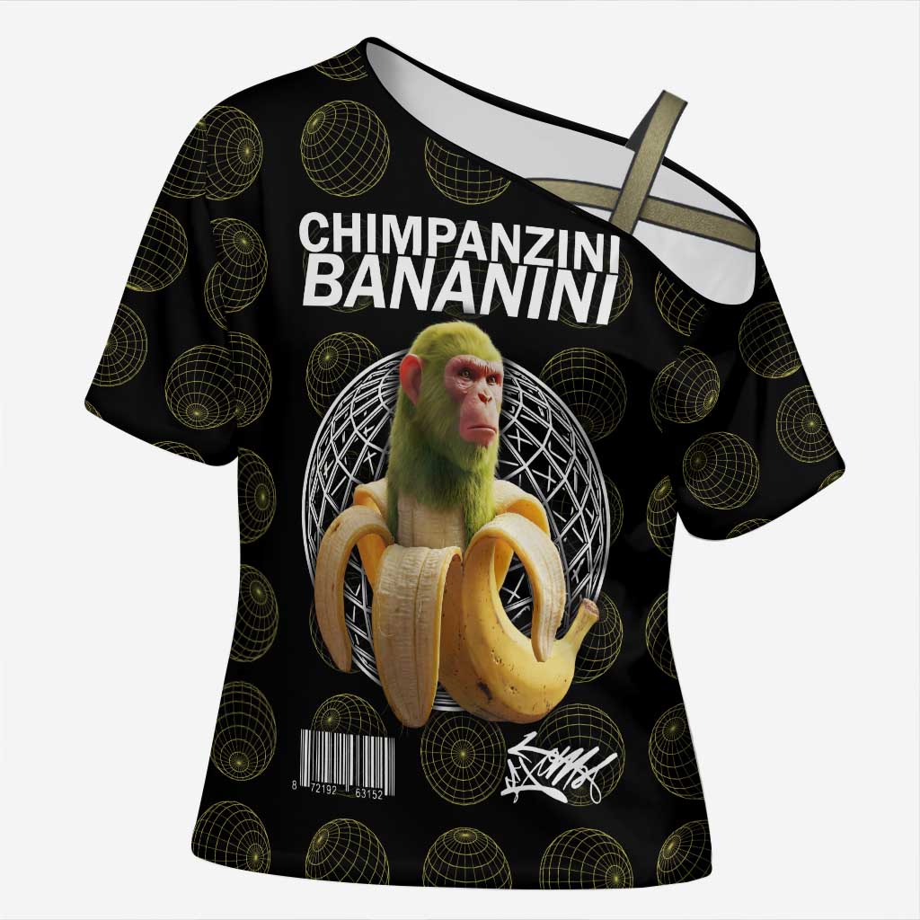Chimpanzi Bananini Primate Cross Shoulder Shirt with 3D Wireframe Globe Pattern