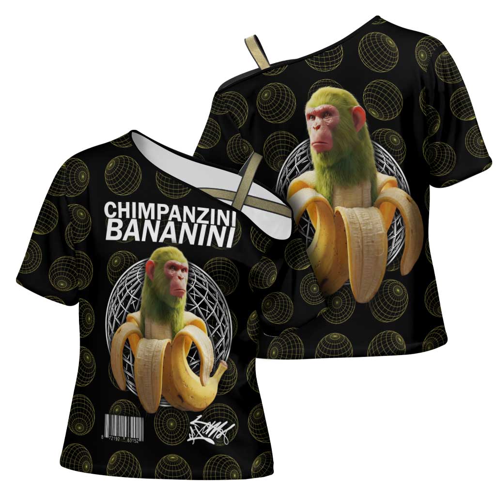 Chimpanzi Bananini Primate Cross Shoulder Shirt with 3D Wireframe Globe Pattern